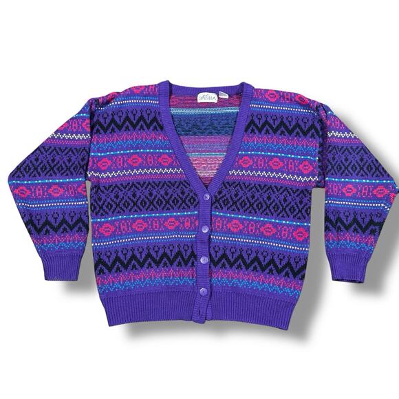 Vintage Just Sasha Geometric Purple Crop Cardigan Sweater Women’s M Boxy 80s 90s - Picture 1 of 6